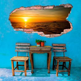 Vinyle trou mur 3D coucher de soleil sur la mer