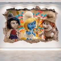 Vinyle décoratif mur brisé Schtroumpfs 3D