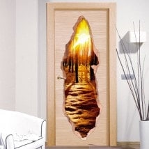 Coucher de soleil portes vinyle forêt 3D