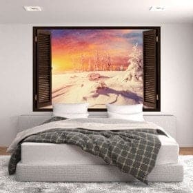 Montagnes enneig&eacute;es de Windows dans les coucher de soleil neige vinyl 3D