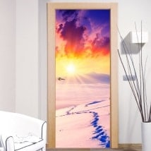 Vinyles et autocollants portes coucher de soleil montagnes enneigées