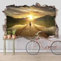 Autocollants décoratifs 3D route au coucher du soleil