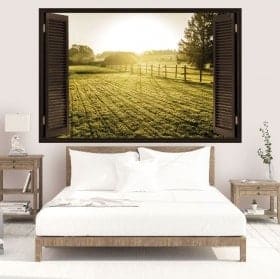 Vinyle 3D fen&ecirc;tres coucher du soleil dans la prairie