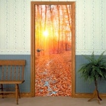 Vinyles et autocollants pour les portes coucher de soleil forêt