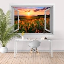 Autocollants pour mur fenêtre coucher de soleil dans le champ 3D