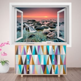 Vinyle décoratif fenêtre coucher de soleil dans la mer 3D