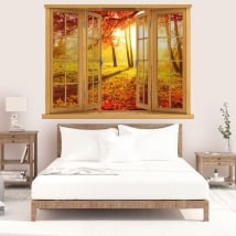 Vinyle crépuscule arbres d'automne fenêtre 3D