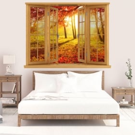 Vinyle crépuscule arbres d'automne fenêtre 3D