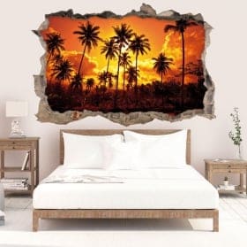 Vinyle d&eacute;coratif soleil et palmiers sur la plage 3D