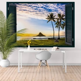 Vinyle décoratif coucher de soleil à Hawaii fenêtre 3D