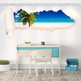 Vinyle palmier sur la plage papier d&eacute;chir&eacute; 3D