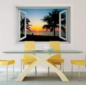 Vinyle décoratif coucher de soleil sur la plage fenêtre 3d