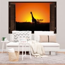 Stickers muraux girafe au coucher du soleil fenêtre 3d