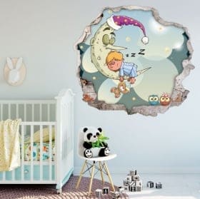 Vinyle pour enfants gar&ccedil;on qui dort sur la lune 3d