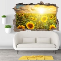 Vinyle mur de trou coucher de soleil champ de tournesols 3d