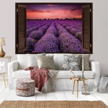 Vinyle fenêtre coucher de soleil dans le champ de lavande 3d