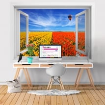 Vinyle murs fenêtre ballon et champ de fleurs 3d