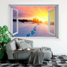 Vinyle fenêtre coucher de soleil d'hiver dans les montagnes 3d