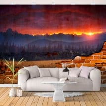 Peintures murales mur cassé coucher de soleil dans la nature