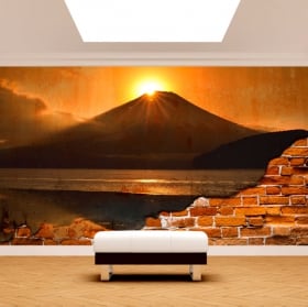 Papiers peints mur cassé coucher de soleil sur le lac fuji kawaguchi