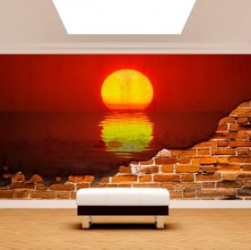 Murales en vinyle coucher de soleil mont fuji mur cassé