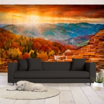 Peintures murales vinyles coucher de soleil dans les montagnes mur cassé