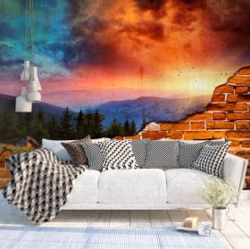 Murales en vinyle montagnes du coucher du soleil effet de mur cassé