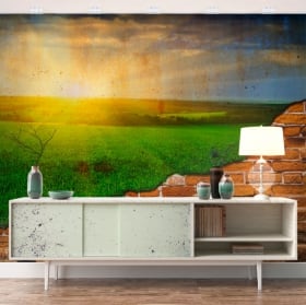 Peintures murales coucher de soleil sur le terrain effet de mur cassé