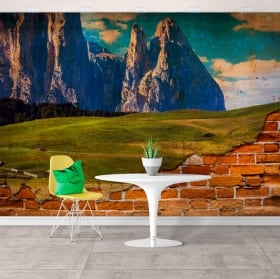 Photo murales coucher de soleil dans les montagnes mur cassé