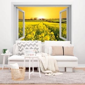 Vinyle fen&ecirc;tre coucher de soleil dans le champ de fleurs 3d