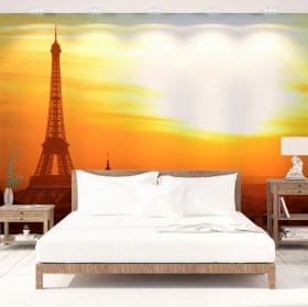 Murales de vinyle coucher de soleil &agrave; paris tour eiffel