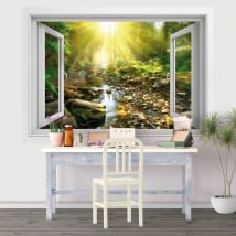 Vinyle crépuscule rivière dans la forêt fenêtre 3d