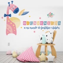 Vinyle pour enfants girafe et oiseau bienvenue dans mon monde