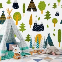Murales de vinyle des arbres et tentes tipi