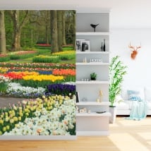 Murales de vinyle jardin avec des fleurs et des tulipes