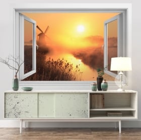 Vinyle murs fen&ecirc;tre 3d sunset moulin holland