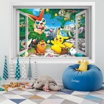 Vinyle murs 3d fenêtre pikachu