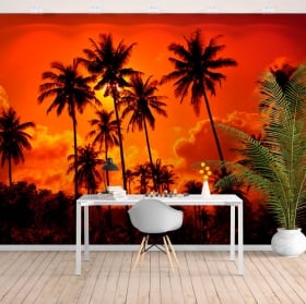 Papiers peints palmiers coucher de soleil sur la plage
