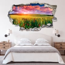 Vinyles 3d coucher de soleil dans le champ de coquelicot