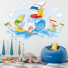 Stickers muraux animaux enfants planche &agrave; voile sur la plage