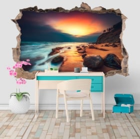 Vinyle et autocollants coucher de soleil sur la plage trou de mur 3d