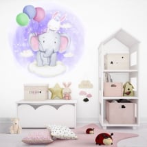 Vinyles et autocollants pour enfants éléphant et lapin dans les nuages