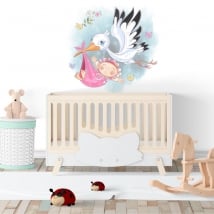 Vinyle décoratif fille et cigogne pour les bébés
