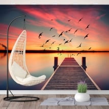 Murales en vinyle coucher de soleil pont sur le lac
