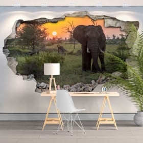 Vinyles et autocollants 3d coucher de soleil &eacute;l&eacute;phant en afrique