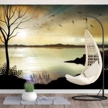 Papiers peints en vinyle illustration paysage coucher de soleil
