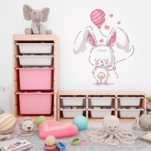 Autocollants en vinyle lapin avec ballon et coeurs