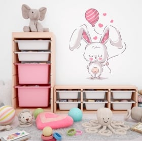 Autocollants en vinyle lapin avec ballon et coeurs