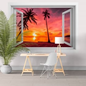 Fenêtres en vinyle 3d palmiers coucher de soleil sur la plage
