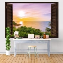 Vinyles et autocollants la fenêtre coucher de soleil dans la mer 3d